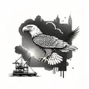 Create a majestic Philippines eagle flying over a construction site in a dotwork style tattoo tattoo design idea