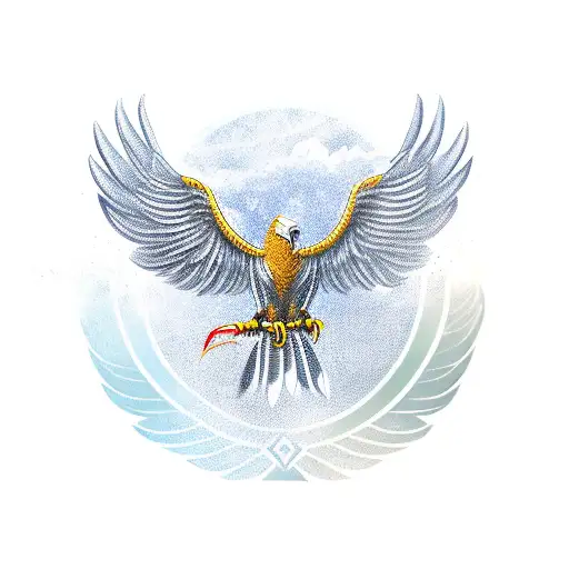 A fierce eagle with its wings spread wide, clutching a golden arrow in its talons, symbolizing strength and determination in fighting. tattoo design idea
