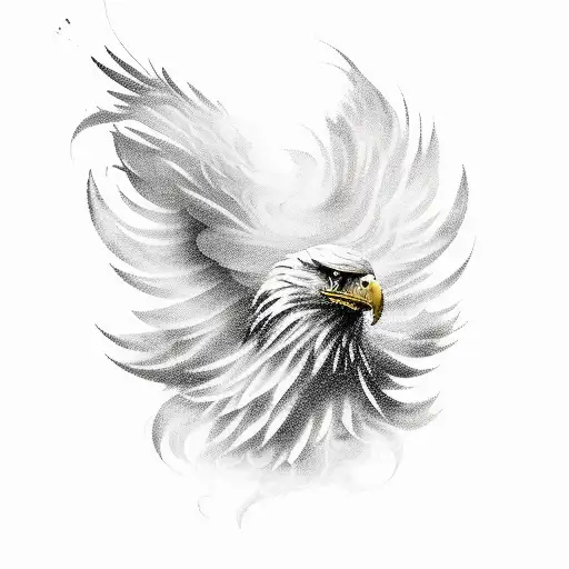 A dynamic composition featuring an athlete in a powerful fighting stance, surrounded by swirling smoke and feathers, with an eagle soaring above, representing the indomitable spirit of a fighter. tattoo design idea