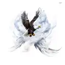 A dynamic composition featuring an athlete in a powerful fighting stance, surrounded by swirling smoke and feathers, with an eagle soaring above, representing the indomitable spirit of a fighter. tattoo design idea