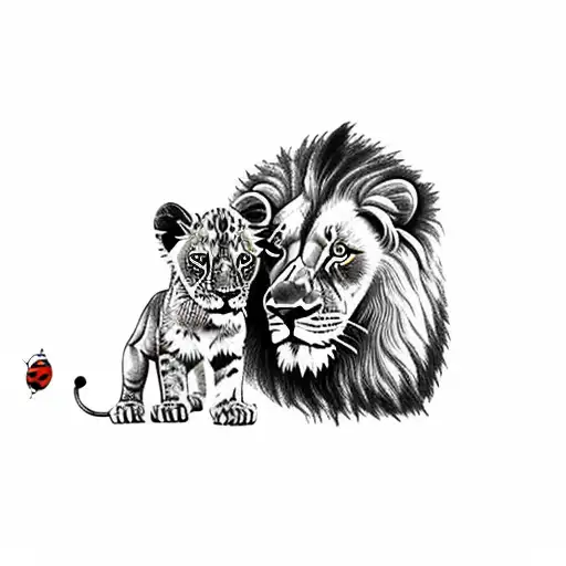 lion and a lion cub with a ladybug tattoo design idea