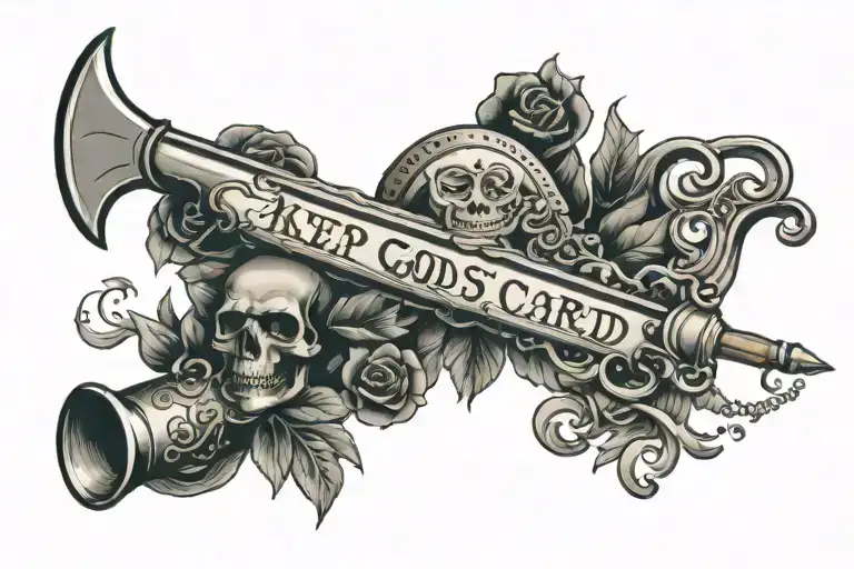 scalpel crossed with syringe, scroll reading "keep god scared" tattoo design idea