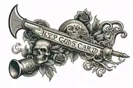 scalpel crossed with syringe, scroll reading "keep god scared" tattoo design idea