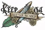scalpel crossed with syringe, scroll reading "keep god scared" tattoo design idea