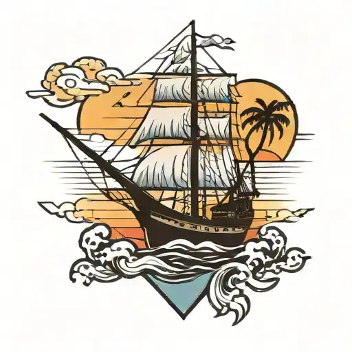 two palm trees crossed with ship in the middle sailing off into the sunset   tattoo design idea