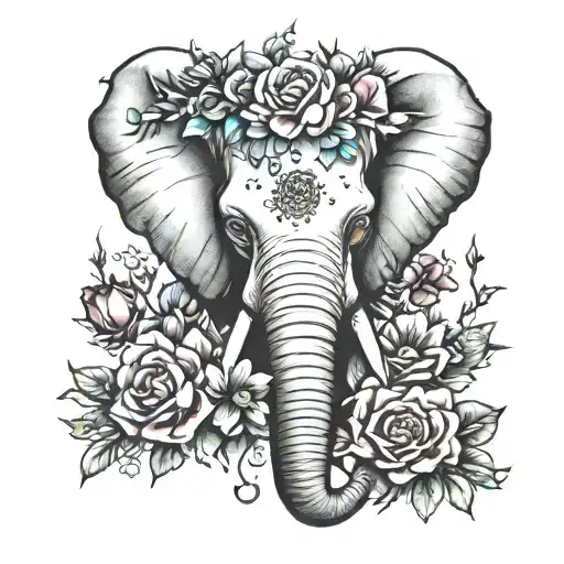 elephant head surrounded by heart made of flowers  tattoo design idea