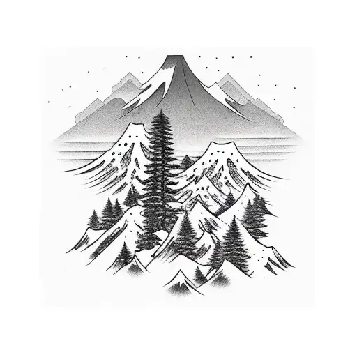 mountains with tall evergreen trees  tattoo design idea