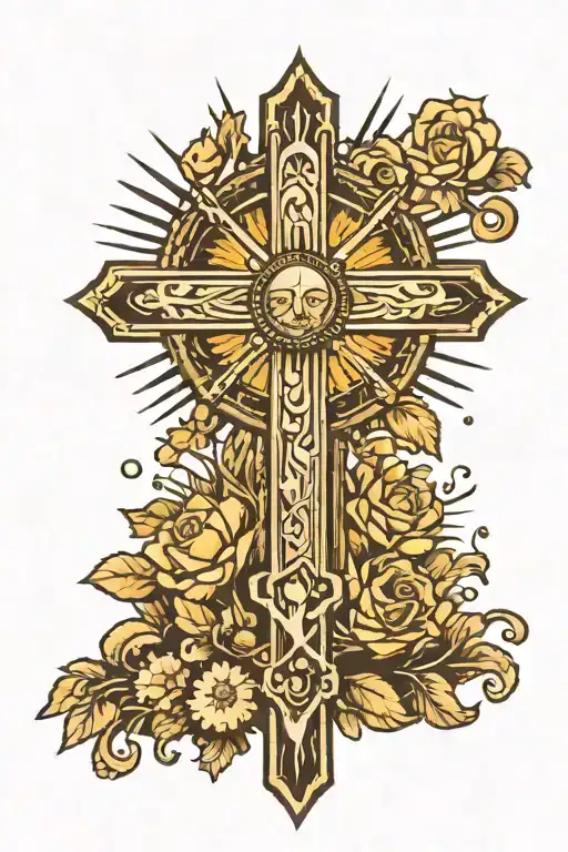 cross in ground with rays of sunshine from the sky beaming down tattoo design idea