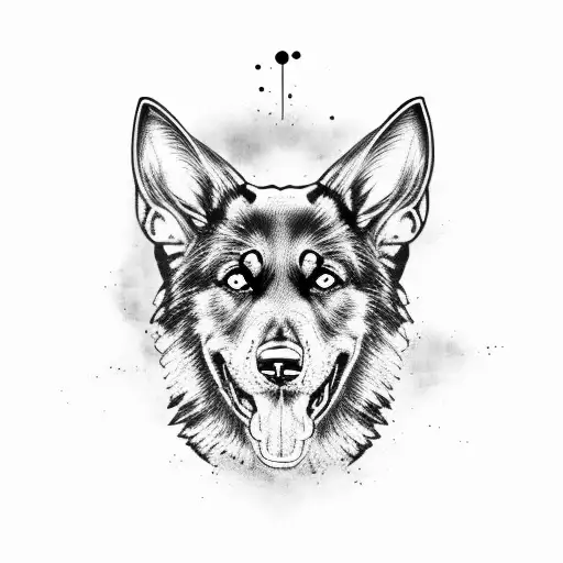 A fierce black german shepherd surrounded by hunting gear and heavy metal symbols tattoo design idea