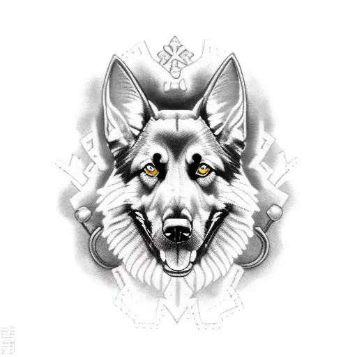 A fierce black german shepherd surrounded by hunting gear tattoo design idea