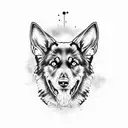 A fierce black german shepherd surrounded by hunting gear and heavy metal symbols tattoo design idea