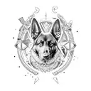 A fierce black german shepherd surrounded by hunting gear and heavy metal symbols tattoo design idea