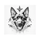 A fierce black german shepherd surrounded by hunting gear and heavy metal symbols tattoo design idea