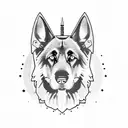 A fierce black german shepherd surrounded by hunting gear and heavy metal symbols tattoo design idea
