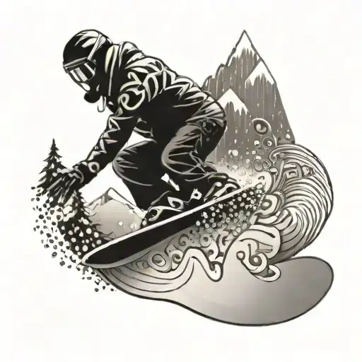 A snowboarder shredding down a mountain with musical notes trailing behind tattoo design idea