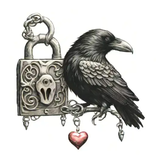crow eat human heart and heart shaped lock tattoo design idea