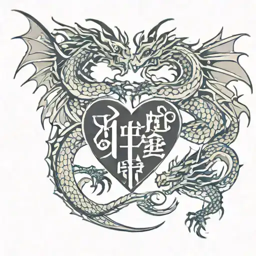 two dragons forming heart surrounded in names in traditional chinese Sarah, Kaitlyn, Megan, Nathan tattoo design idea