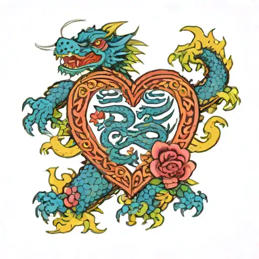  Circule with four names in traditional chinese Sarah, Kaitlyn, Megan, Nathan. Inside circule two dragons forming heart tattoo design idea