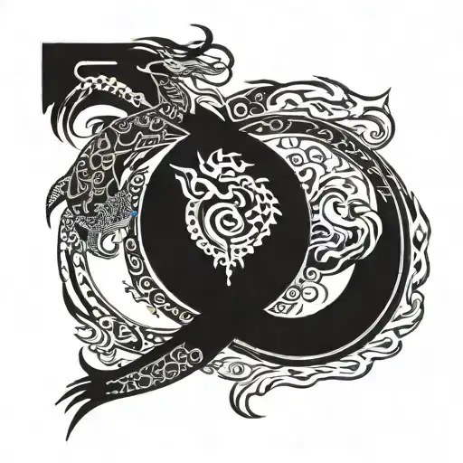  Circle with four names in traditional Chinese Sarah, Kaitlyn, Megan, Nathan. Inside circle two dragons forming heart  tattoo design idea