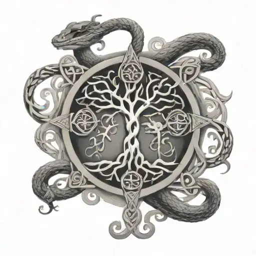 Tree of life, snake, celtic cross, smoke to fill spaces tattoo design idea