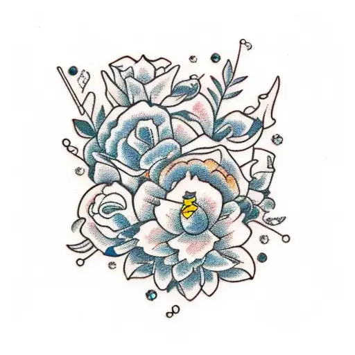 A traditional style bouquet of Capricorn flowers with gemstone accents tattoo design idea