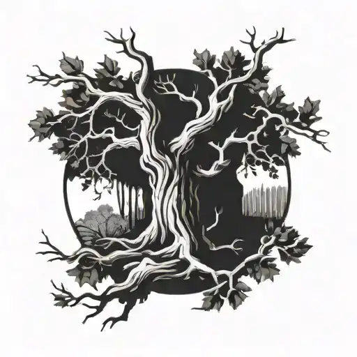 Imagine a circular frame encasing a majestic oak tree, with its branches spreading outwards. The trunk would be sturdy tattoo design idea