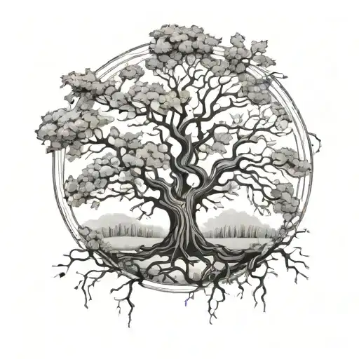 Imagine a circular frame encasing a majestic oak tree, with its branches, filling the entire space tattoo design idea