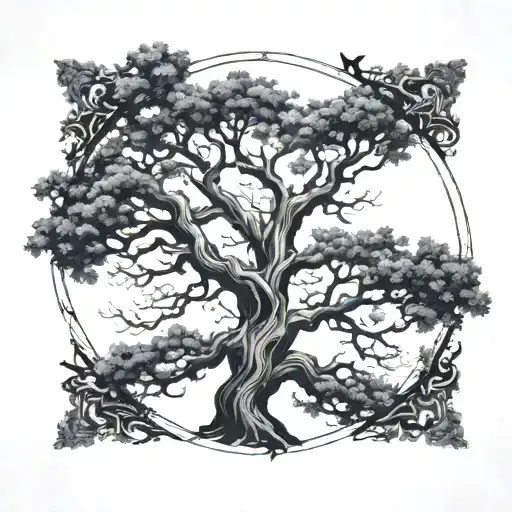 Imagine a circular frame encasing a majestic oak tree, with its branches spreading outwards, filling the entire space tattoo design idea