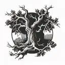 Imagine a circular frame encasing a majestic oak tree, with its branches spreading outwards. The trunk would be sturdy tattoo design idea