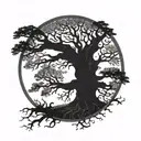 Imagine a circular frame encasing a majestic oak tree, with its branches spreading outwards. The trunk would be sturdy tattoo design idea