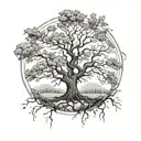 Imagine a circular frame encasing a majestic oak tree, with its branches, filling the entire space tattoo design idea