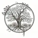 Imagine a circular frame encasing a majestic oak tree, with its branches, filling the entire space tattoo design idea