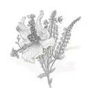 2 larkspur flower with the stems turning into the names Andrew and William tattoo design idea