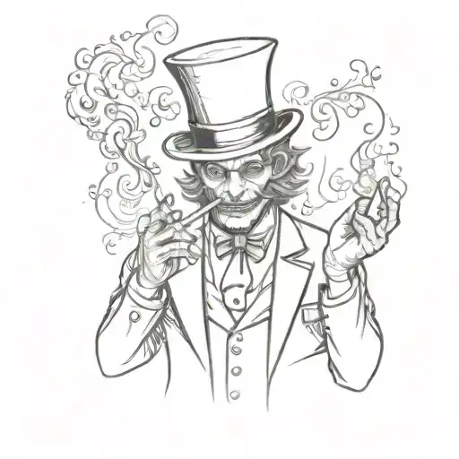 Sketch of a Demon in a top hat and suit. Holds whiskey and three sixes cards in his hands, smokes a cigarette tattoo design idea