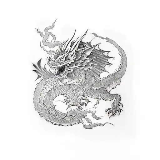 oozy_tattoo style black and grey dragon sleeve with small red cardinals tattoo design idea