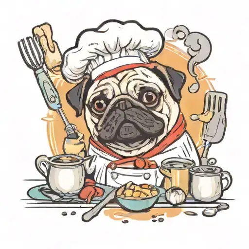 A whimsical pug chef wearing a chef's hat and apron, surrounded by baking utensils and ingredients tattoo design idea