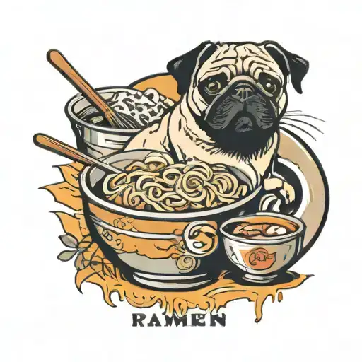 A traditional style tattoo of a ramen bowl with steam rising up, surrounded by cooking utensils and ingredients, with a pug peeking out from behind tattoo design idea