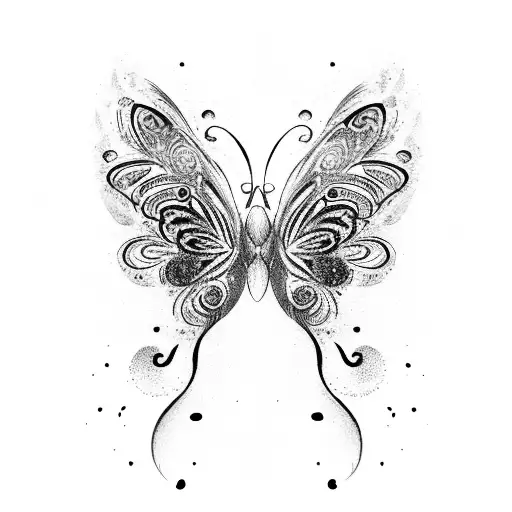 A cat with butterfly wings, holding a paintbrush and surrounded by swirling patterns tattoo design idea