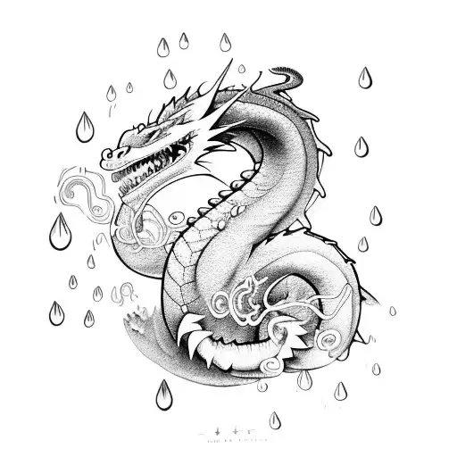 A dragon entwined with lilies and headphones, surrounded by clouds and raindrops tattoo design idea