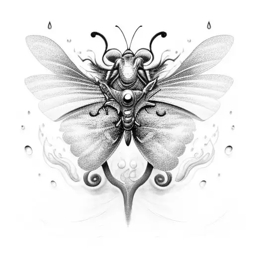 A surreal composition of a butterfly transforming into a dragon, with swirling clouds and raindrops in the background tattoo design idea