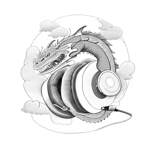 A dragon entwined with lilies and headphones, surrounded by clouds and raindrops tattoo design idea