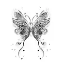 A cat with butterfly wings, holding a paintbrush and surrounded by swirling patterns tattoo design idea