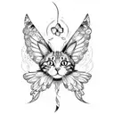 A cat with butterfly wings, holding a paintbrush and surrounded by swirling patterns tattoo design idea