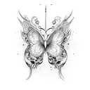 A cat with butterfly wings, holding a paintbrush and surrounded by swirling patterns tattoo design idea