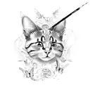 A cat with butterfly wings, holding a paintbrush and surrounded by swirling patterns tattoo design idea