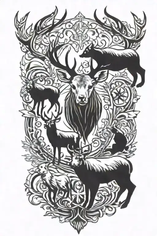 deer, grizzly bear and lynx together tattoo design idea