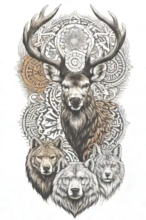 deer head and brown bear and lynx in Anatolian patterns tattoo design idea