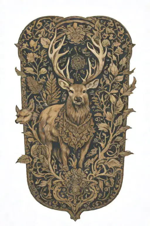 a deer, a brown bear and a lynx in Anatolian rug patterns tattoo design idea