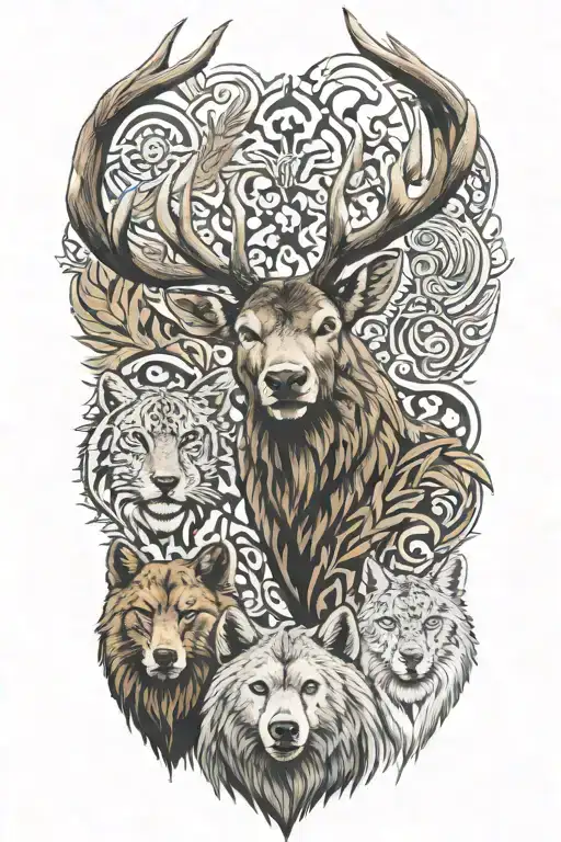 deer head and brown bear and lynx in Anatolian patterns tattoo design idea