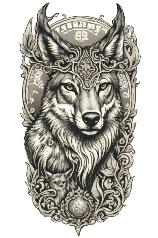 A tattoo with an Anatolian pattern featuring a Deer, a Lynx and a Gray Wolf tattoo design idea